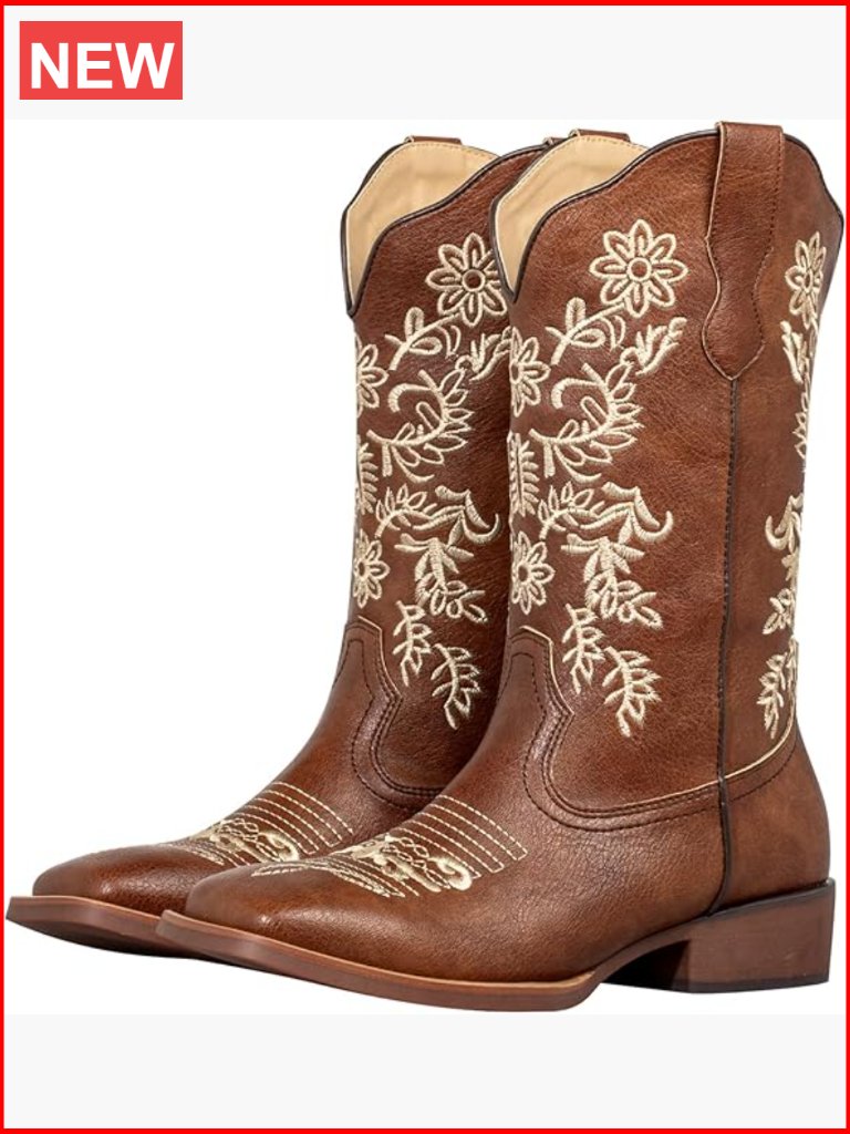Women's Square Toe Cowboy Boots With Floral Embroidery Rhinestone Detail